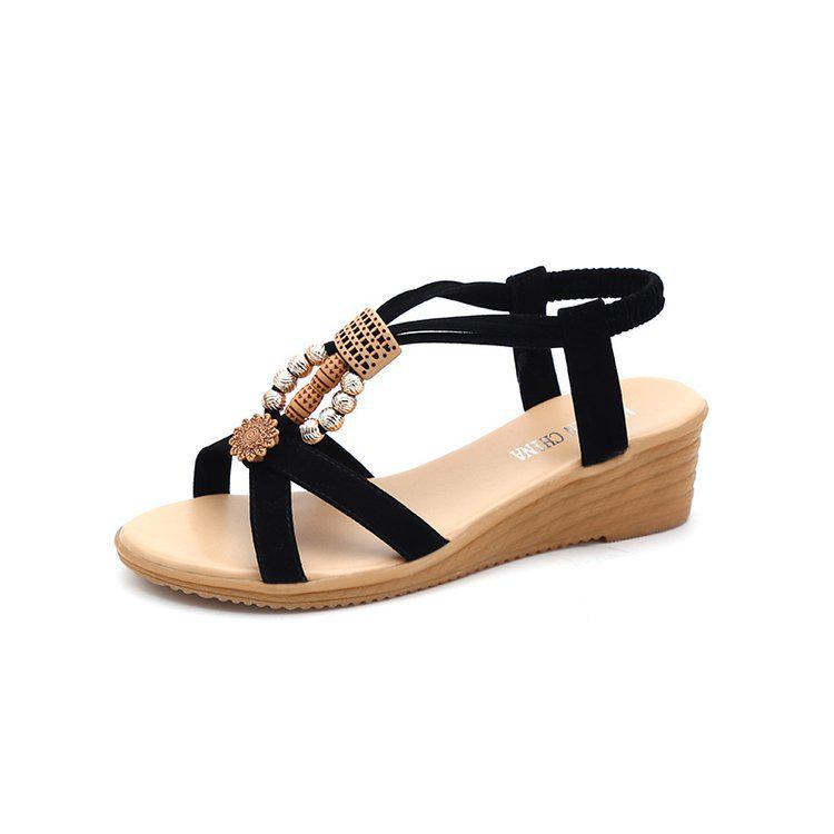 

2025 Women s Fashion Peep-Toe Wedge Heel Sandals with Beads 37 чорний