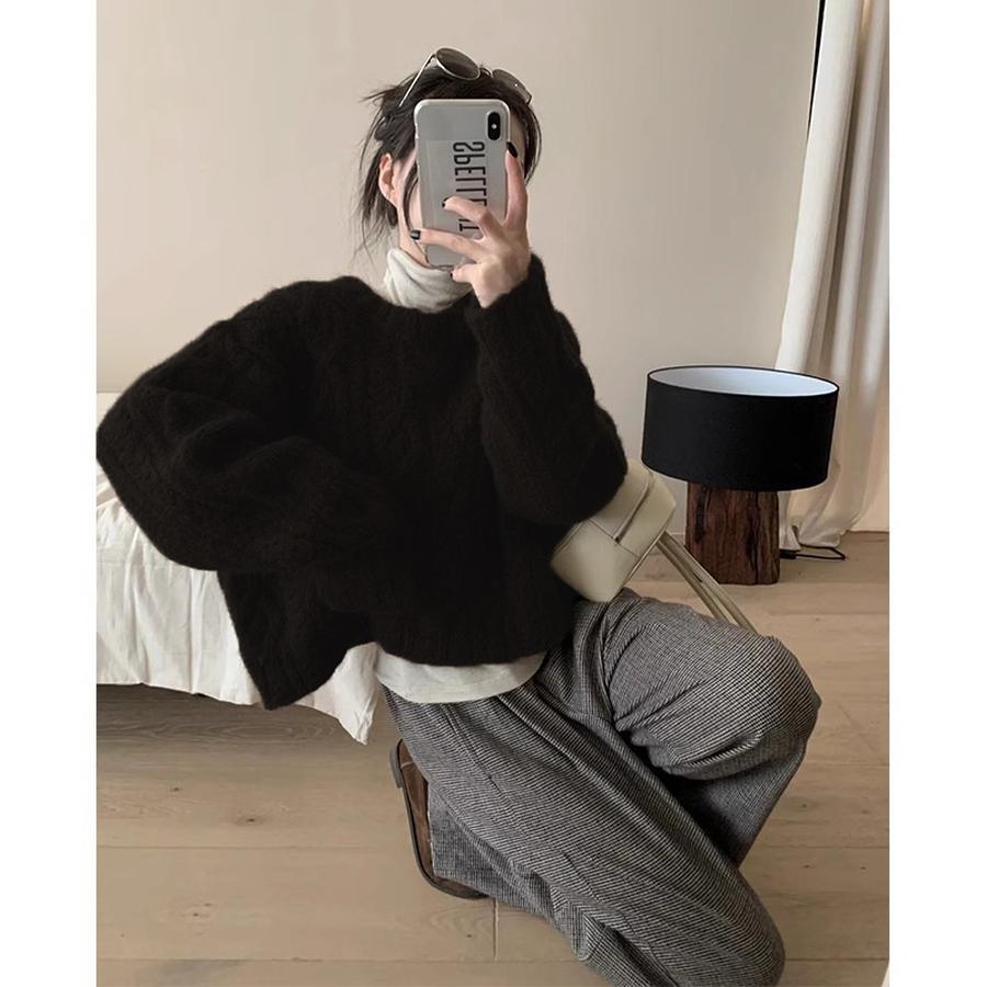 Chunky Knit Chunky Yarn Twisted Sweater Women's Outerwear Autumn Winter New Style Retro Lazy Style Loose Crew Neck Knit Top