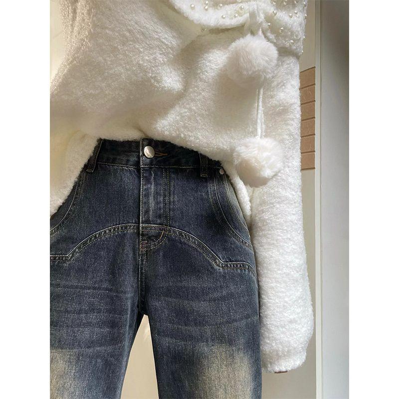 Cement Gray American High Street Retro Straight-Leg Pants Denim Female New Arrival Loose High Waist Wide-Leg Pants Trendy Summer