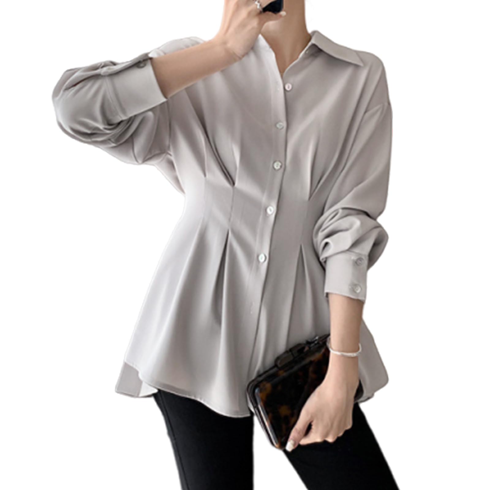 

WoauNuiHll Шифоновая рубашка с длинным рукавом и открытой однотонной вставкой плюс для и зимы Женский воротник, передняя часть, цвет, размеры, лестный, стильный, для поездок на работу, офис, серый