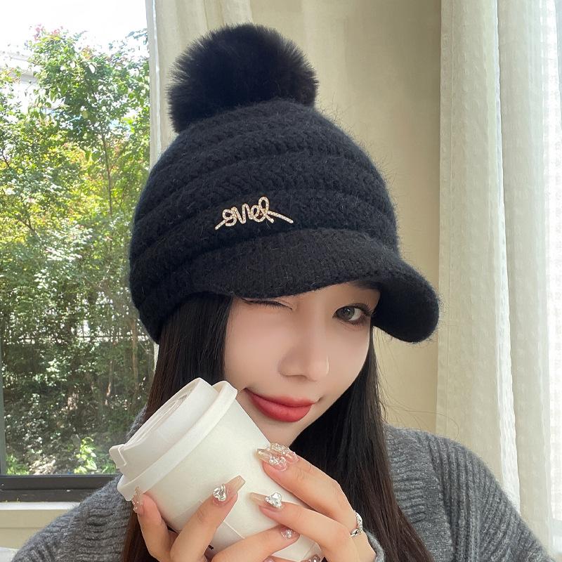 Rabbit-wool Hat for Women's Letters Bright Diamond Knitted Wool Cap Plus Velvet Warm Wool Ball Ear Protection Baseball Cap