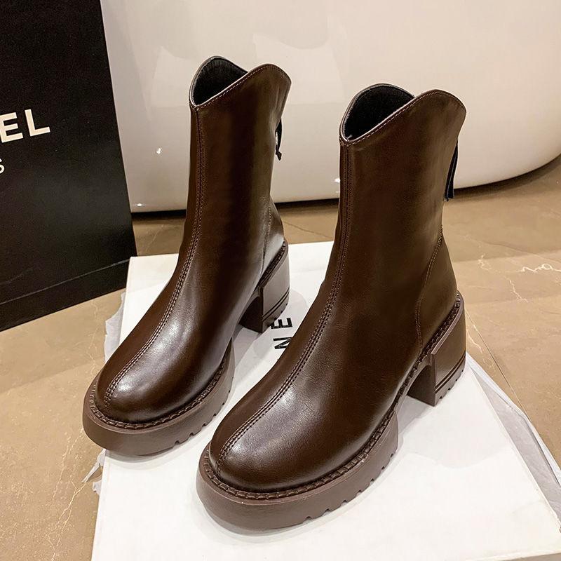 Martin boots women's British style thin boots women's autumn and winter new thick-soled medium boots thick heel thin short boots women