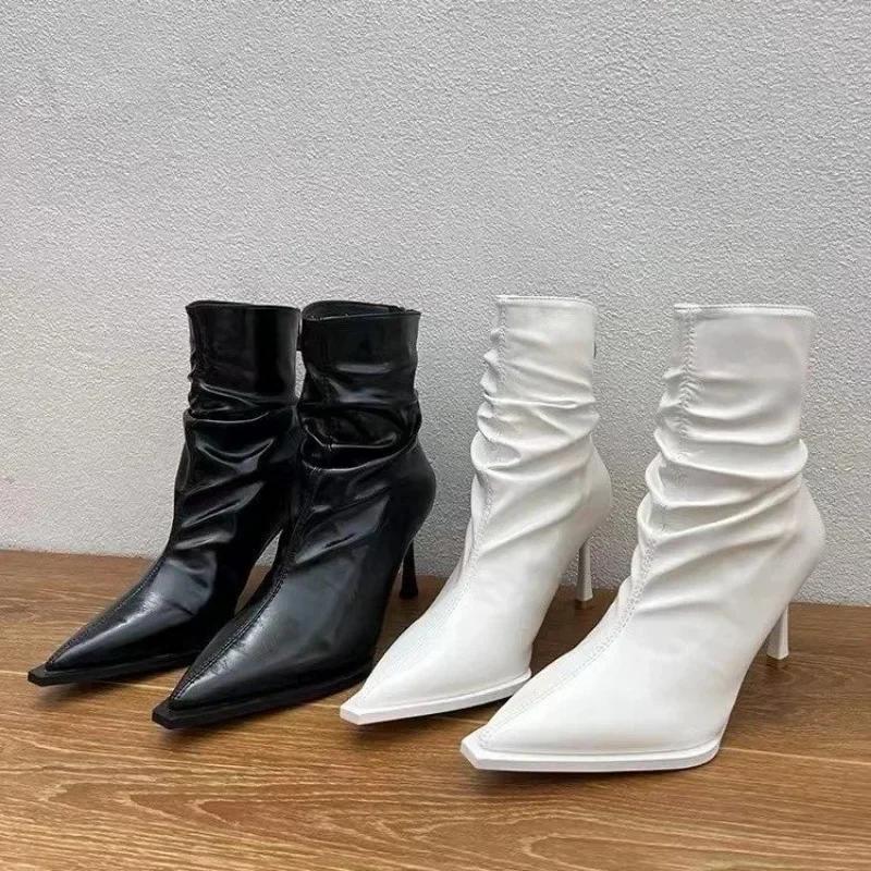 Fashion 2024 Brand Shoes Female Mid-Calf Women's Boots Elegant Modern Boots Women Sewing Pointed Toe Back Zip Thin Heels Shoes Women