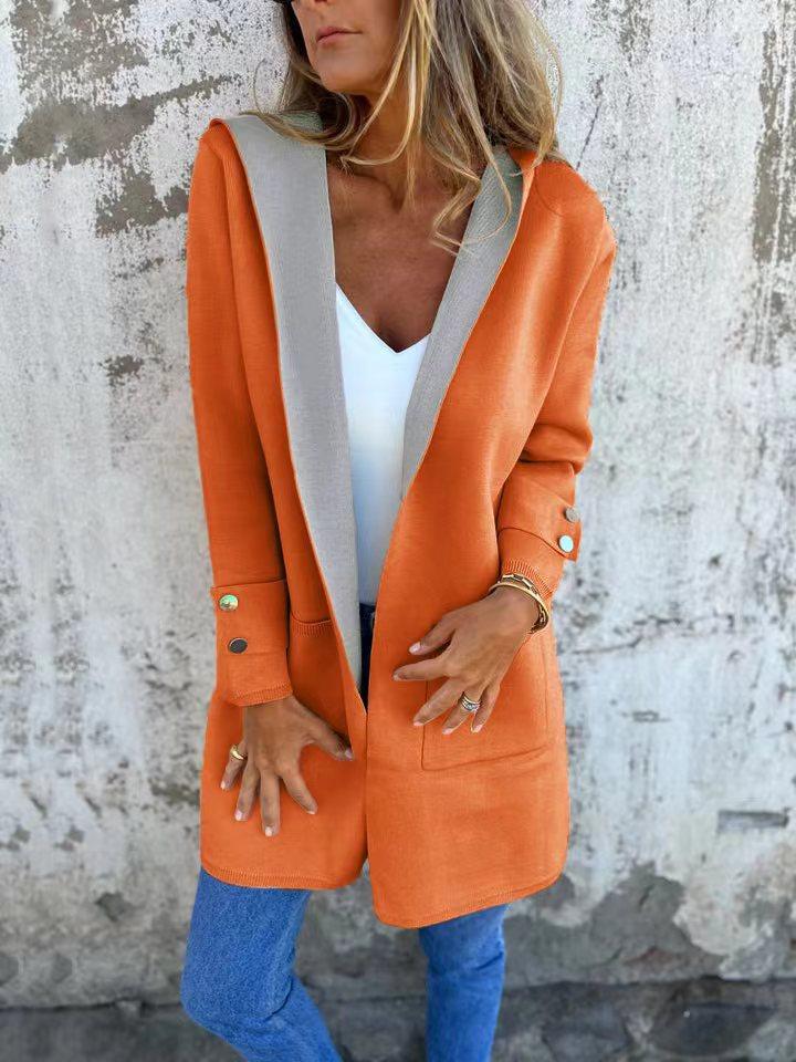 Women's Orange Hooded Cardigan Sweater Casual Long Sleeve Open Front Lightweight Jacket