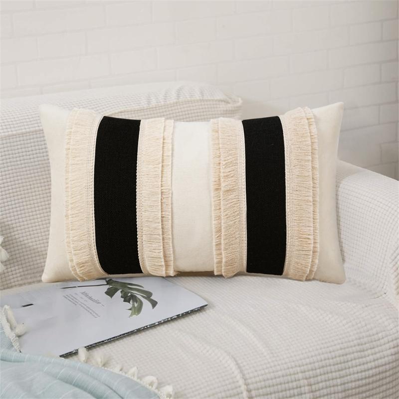 2Pcs Farmhouses Throw Pillow Cover Set, Patchwork Polyester Rectangular Shape With Fringe, 30 X 50 Cm Lumbar Cushion Covers for Home Decors