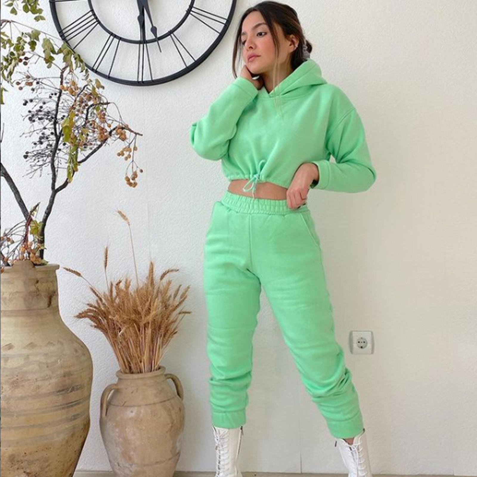 Women s Casual Color Long Sleeved Hoodie Trousers Sweatershirt Sports Suit S