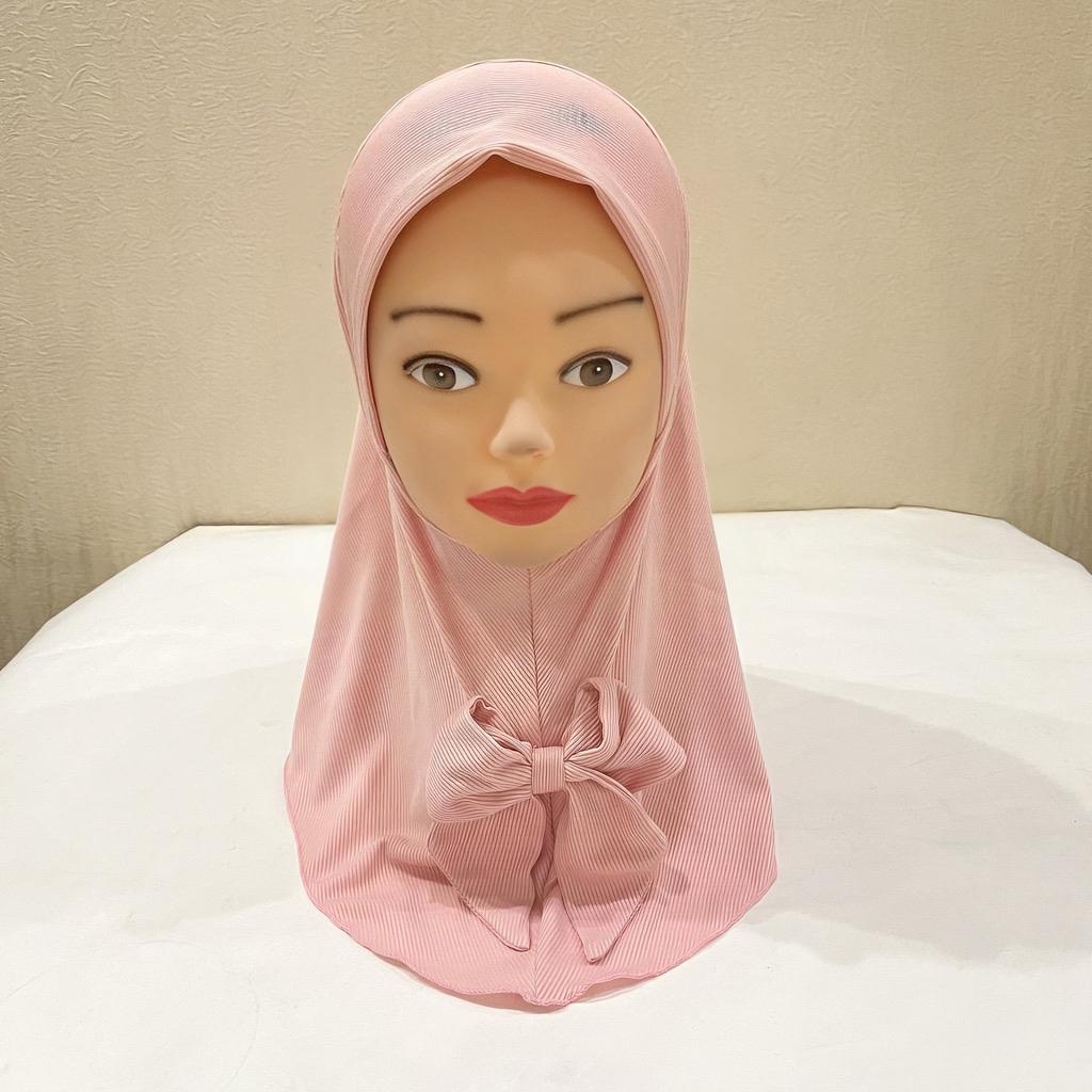 Beautiful Plain small girl hijab with bow simple cute hijab hats women's caps can fit 2-6 years old girls