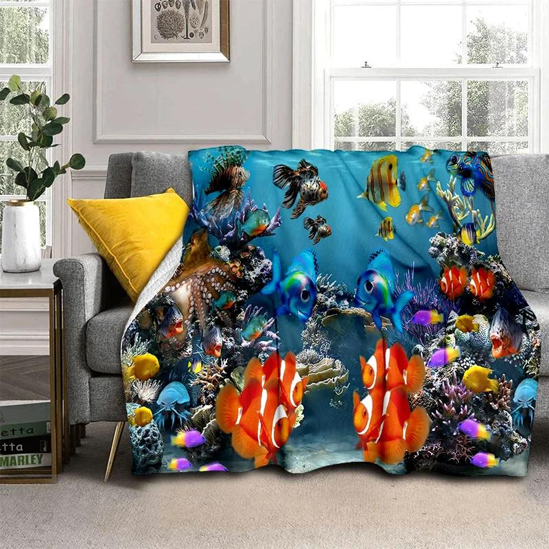 3D Underwater World Seabed Cartoon Blanket,Soft Throw Blanket for Home Bedroom Bed Sofa Picnic Travel Office Cover Blanket Kids