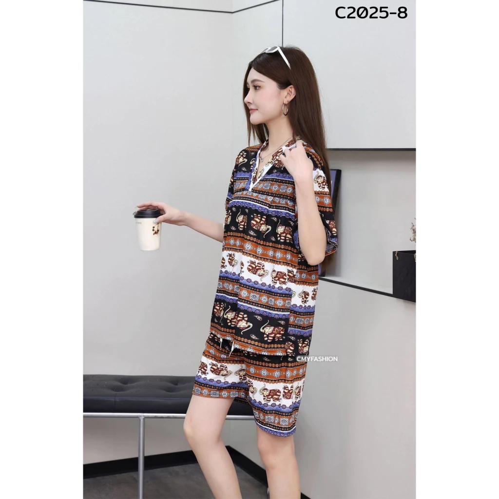 Elephant Pants Shorts Shirt Set V-neck Crop Top Short Sleeve Adjustable Elastic Waistband Strap Women Print Casual Boho Bohemian Retro Vintage