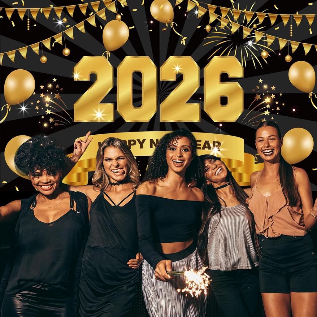 Happy New Years Eve Supplies 2026 - Black and Gold Large New Years Backdrop 2026, New Year Eve Banner Party Decorations 2026 Party Decor for Adults