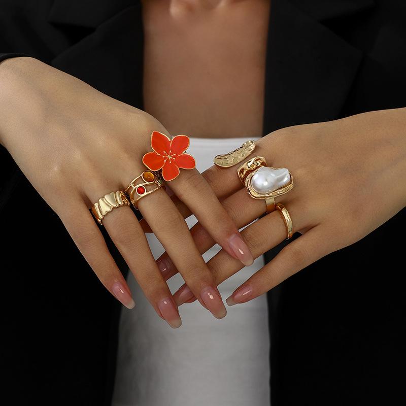 Design Liquid Lava Flower Opening Ring ins Baroque Imitation Pearl Alloy Ring