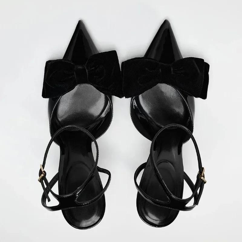 Fashion Elegant Bow Designer Black High Heels Women Sexy Pointed Toe Patent Leather Ankle Strap Thin Heeled Sandals Party Dress Shoes