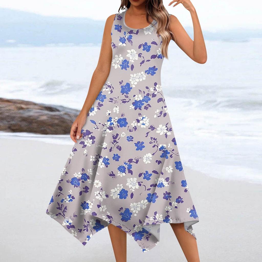 Women's Summer Fashion Round Neck Sleeveless Floral Print Irregular Hem Midi Dresses