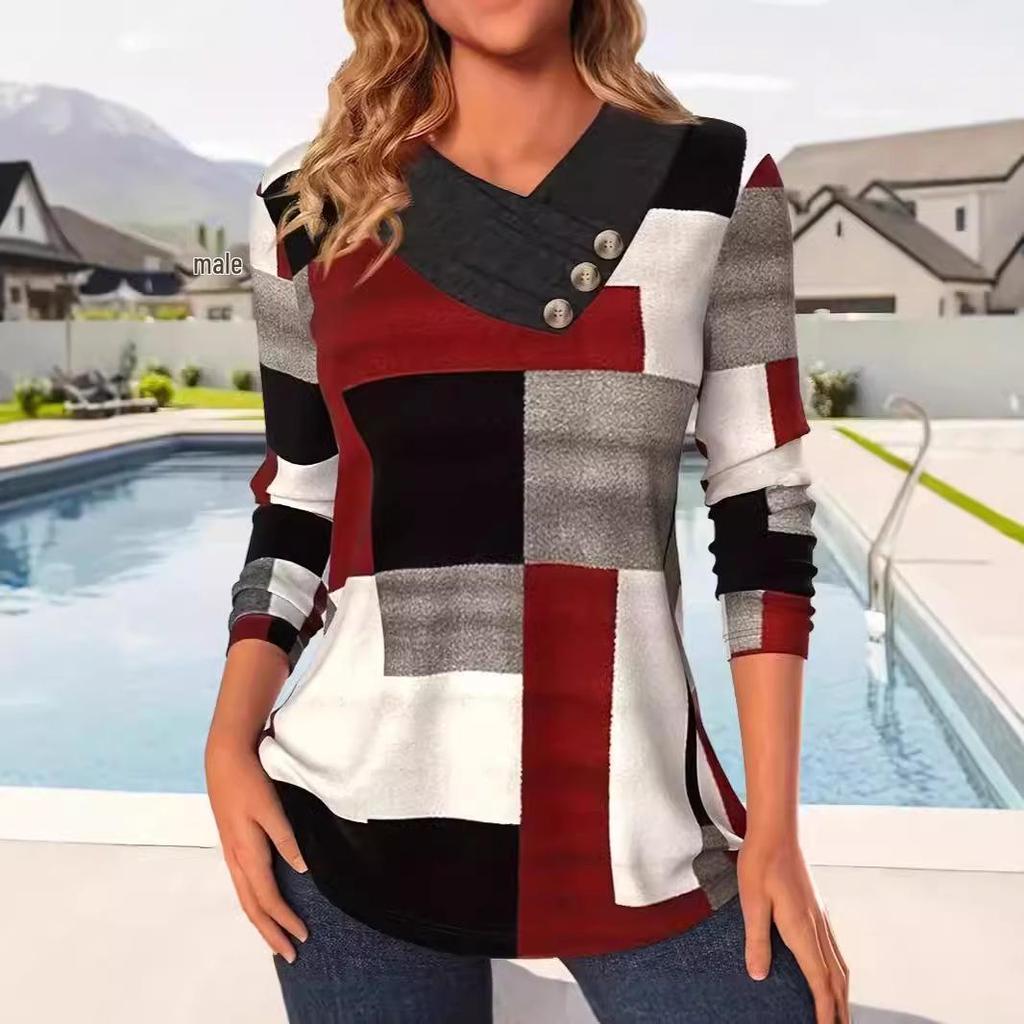 Top de damă 2024, modă, bloc de culoare, decolteu în V, mărime plus