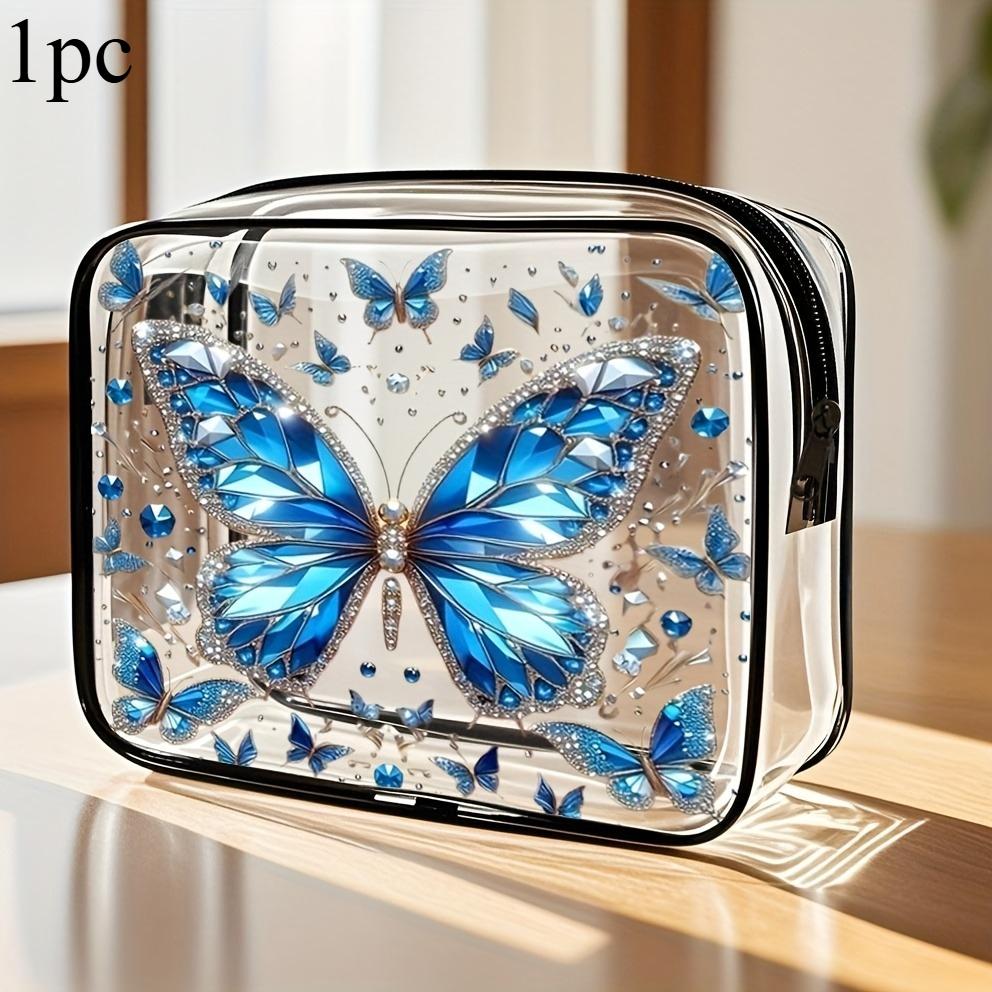 Diamond Butterfly Pattern PVC Makeup Bag Portable Cosmetic Pouch for Travel Daily Use Toiletry Organizer with Zipper for Women 1pc