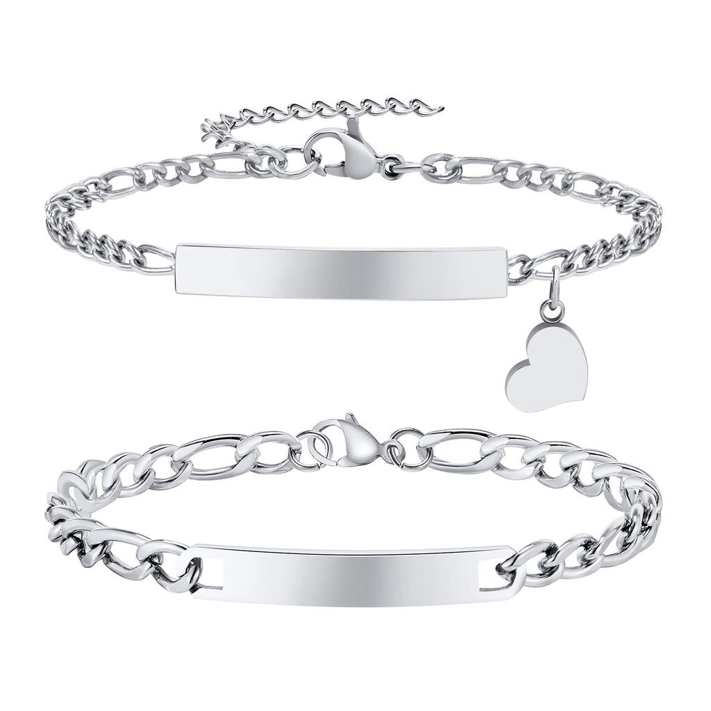 Personalized Matching Bracelet Couples, Stainless Steel Figaro Cuban Chain Link, Heart Danglin Engraving ID Bracelets