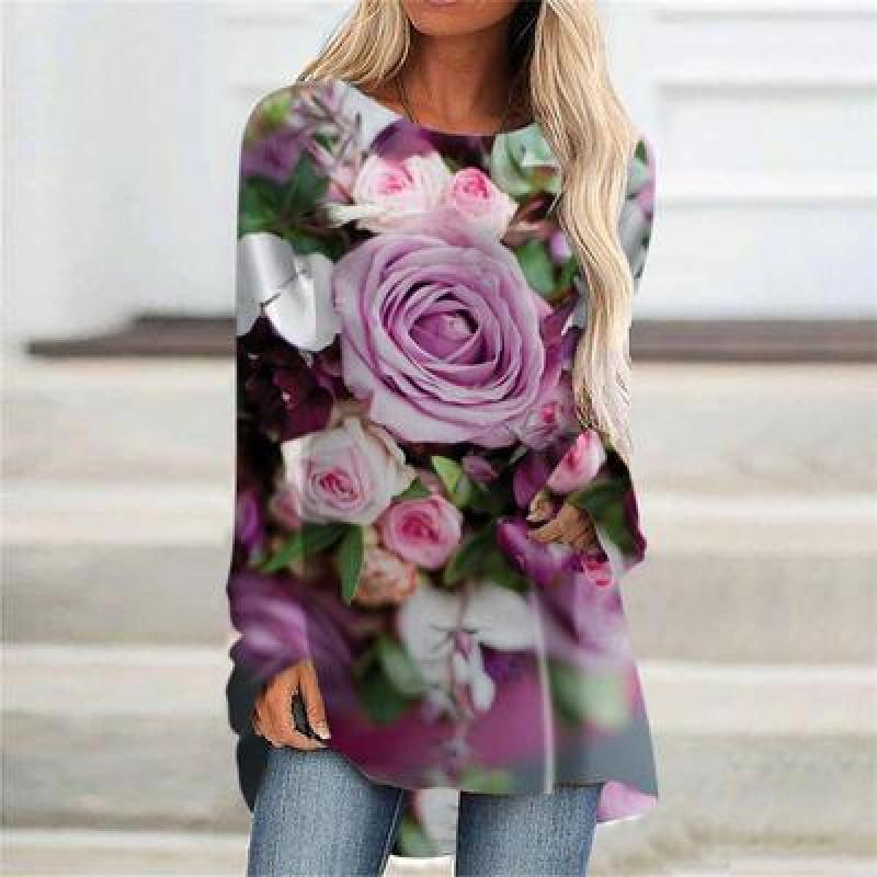

Explosive T-shirt gradient flower stitching printing long long sleeve T-shirt 3XL