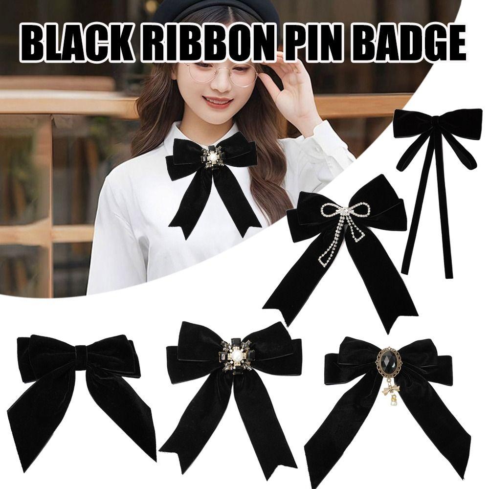 Velvet Memorial Black Ribbon Bowknot Brooch Black Collar Pretied Necktie Clip  Women