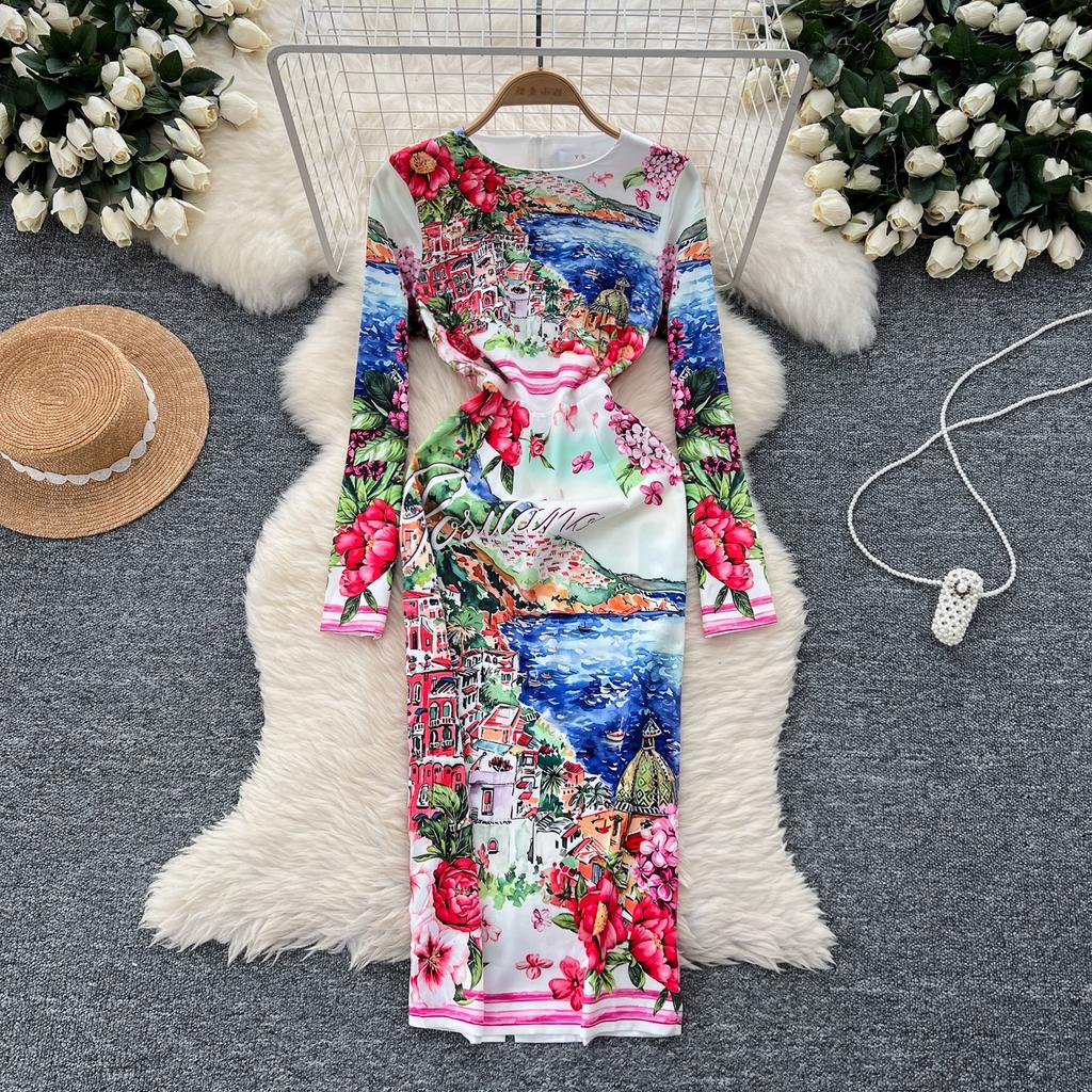 Spring Autumn Women Designer Vintage Print Runway Dresses O-neck Long Midi Office Party Slim Pencil Dress