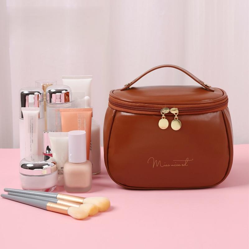Stylish PU Leather Toiletry Organizer Bag, Large Capacity Makeup Pouch with Built-in Brush Slots