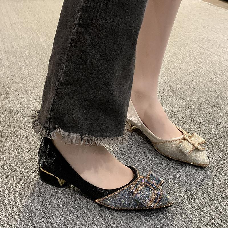 Fashion Gentle French Chunkiness 2025 New Spring Rhinhette High Heels Large Size Shallow Mouth Pointed Single Shoes