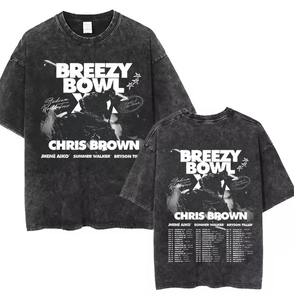 Chris Brown Breezy Bowl XX Concert Cotton Tee Tour Washed T Shirt Vintage Gothic Top Men's Portrait Hip Hop Streetwear