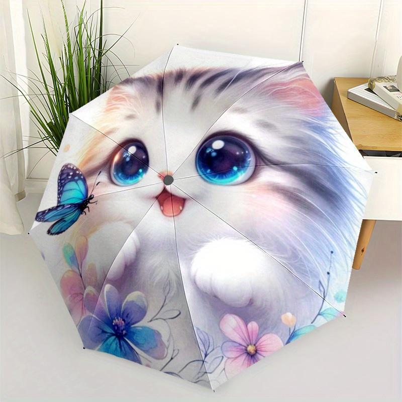 

1pc Automatic Open/Close Umbrella with 8 Reinforced Ribs - Heavy-Duty Stability, Cute Pastel Floral & Cat/Eye Design (Blue/Pin Iron&8K
