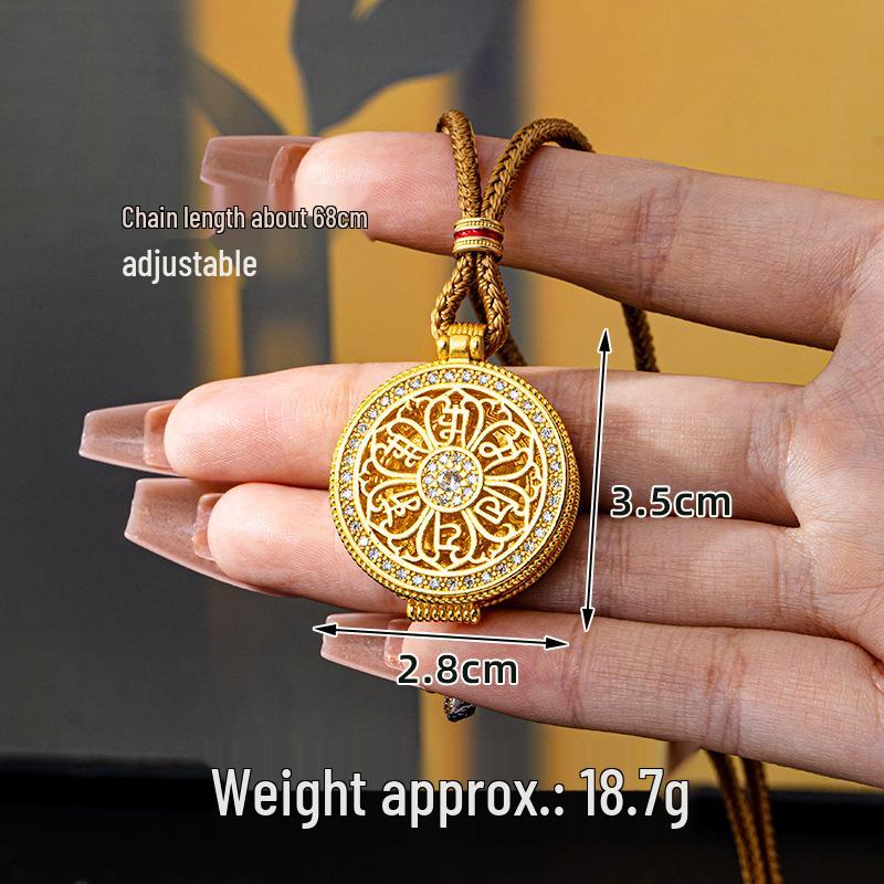 Women's Trendy Gold Sand Compass Pendant Necklace with Diamond-Inlaid Eight Treasures and God of Wealth Design