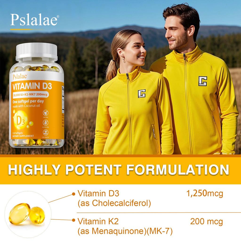 Vysoce účinný doplněk 2 v 1 vitamín D3 + K2, obsahující 50 000 IU vitamínu D3 a 200 mcg vitamínu K2 (MK-7) pro podporu zdraví kostí.