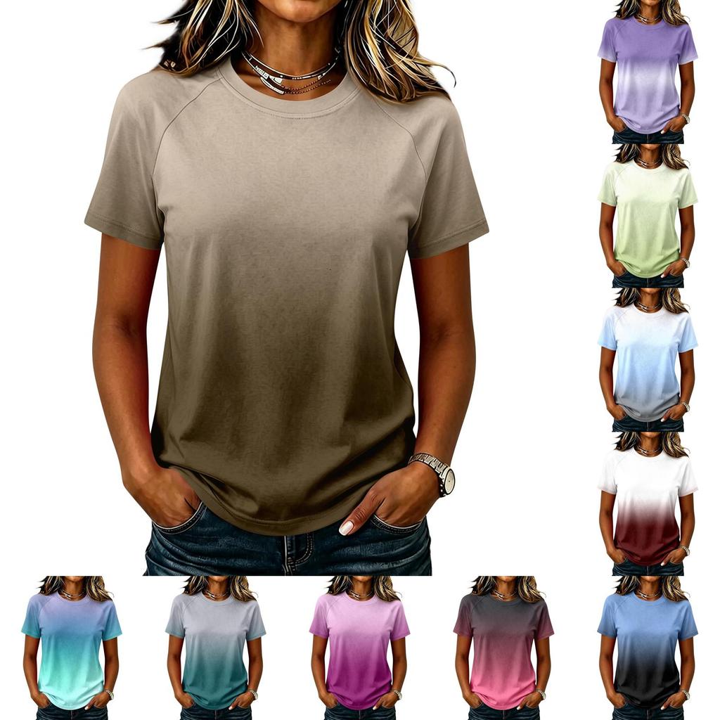 Damen Casual Raglanärmel Rundhals Kurzarm T-Shirt Farbverlauf Druck Leichtes Sommer Oberteil