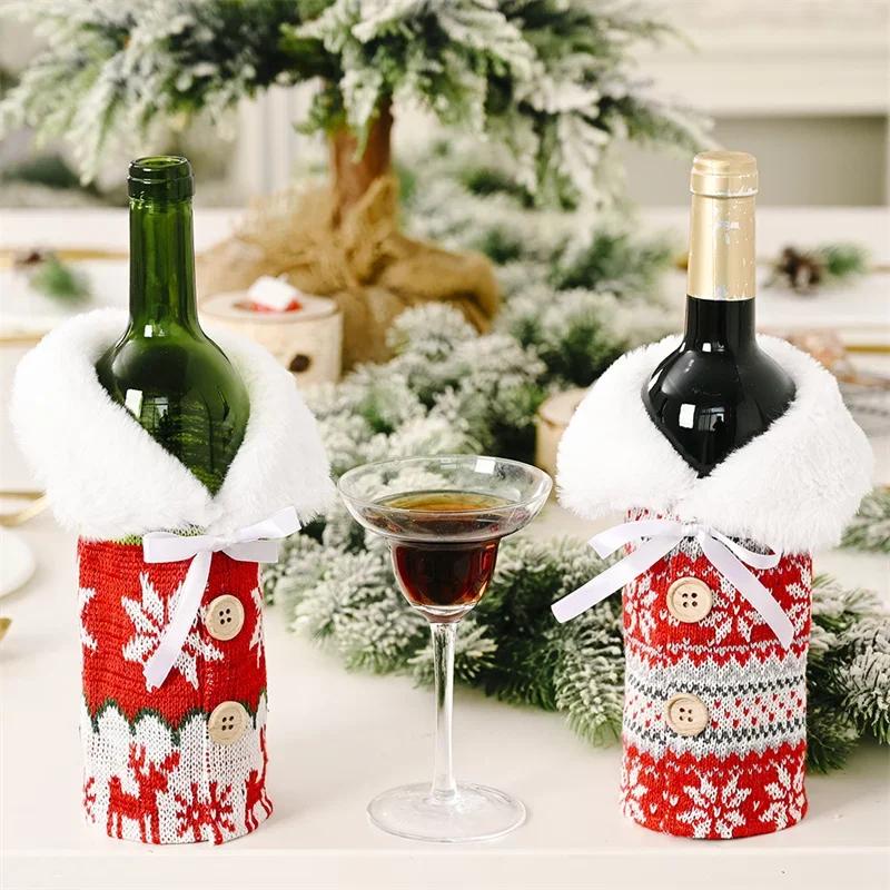 Christmas Wine Bottle Cover Knitted Red Sweater Button Snowflake Christmas Bottle Bag Xmas New Year Gift Kitchen Table Ornaments