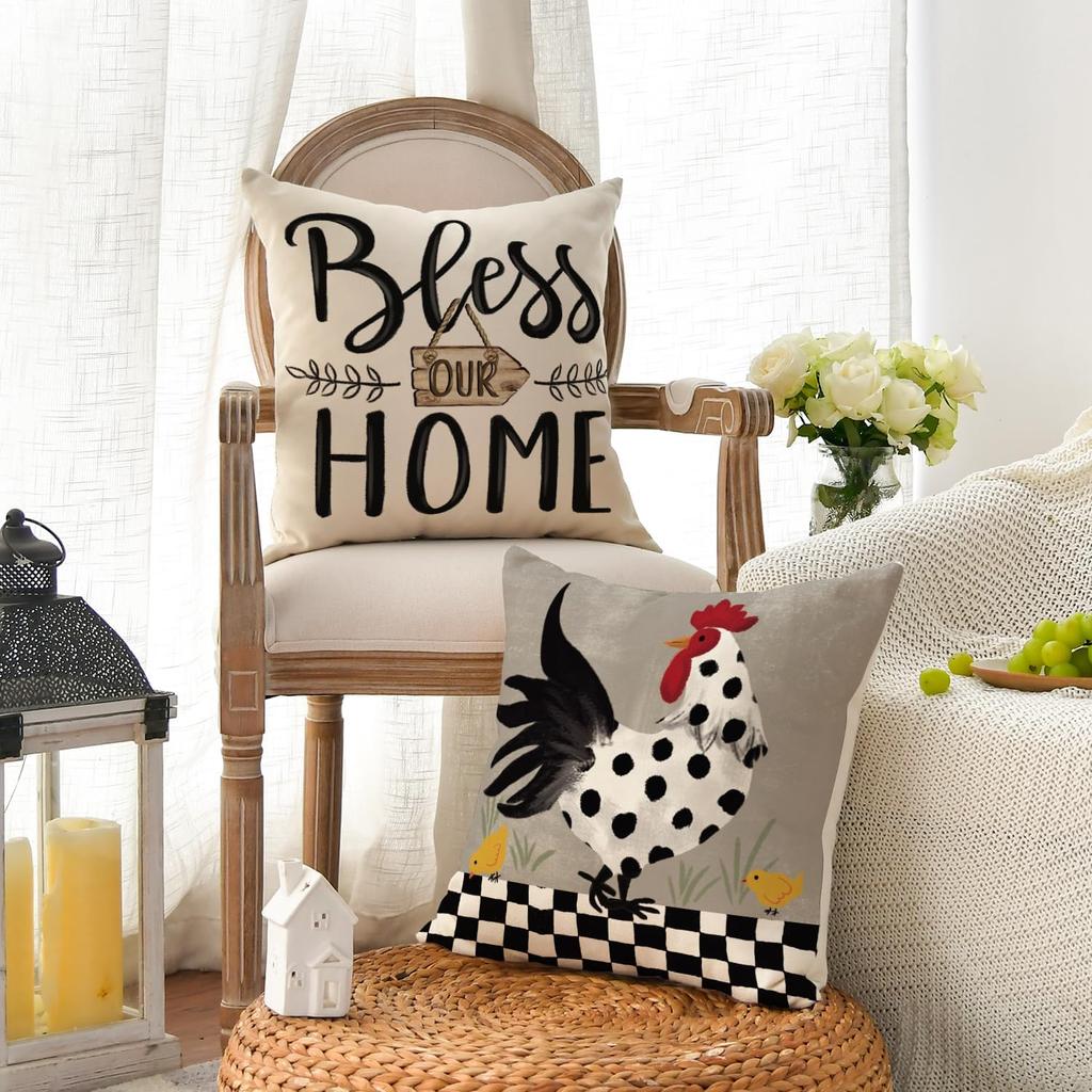 AVOIN colorlife Farmhouse Chicken Home Sweet Home Throw Pillow Covers, 18 x 18 Inch Bless Our Home Seasonal Cushion Case Decoration for Sofa Couch