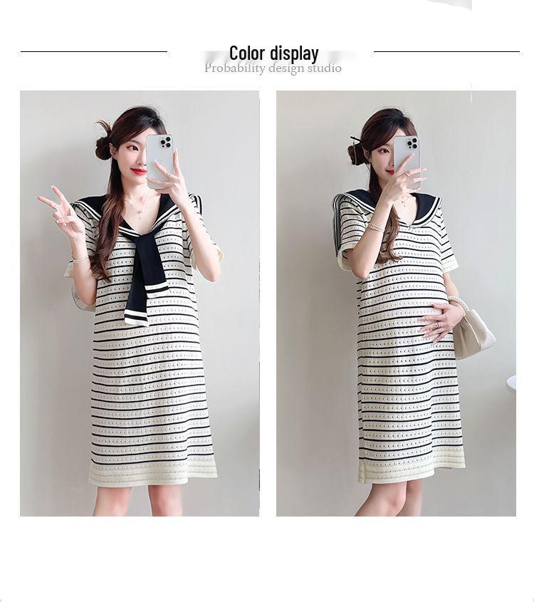 Navy Striped Korean Style Maternity Summer Dress, Casual Loose Fit, Slimming Ice Silk Knit with Hollowed-Out Details