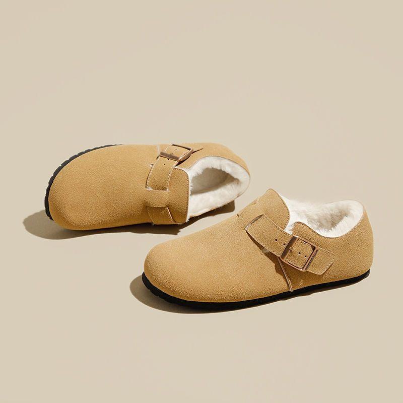 Fashion Crestar Winter Fur Lined Suede Slipper For Women Outdoor Keep Warm Non-slip Flat Mule Slipper New Lady Round-toed Home Slippers