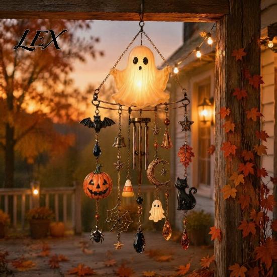 Spooky Patio Decorations Halloween Luminous Ghost Wind Chime, Glow-in-The-Dark Hanging Ornament with Pumpkin Bat Healing Sound Bell Spider Charms,
