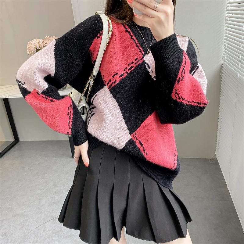 Pull Vintage surdimensionné à col rond Argyle pour femme, pull ample à manches longues, mode coréenne, automne