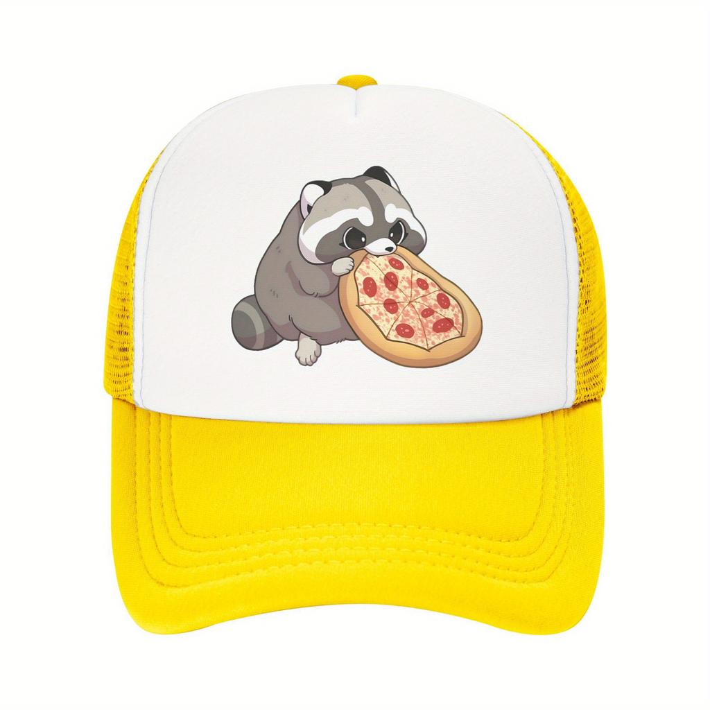 Cute Raccoon Eating Pizza Trucker Hat Breathable Mesh Adjustable Baseball Cap Casual Summer Travel