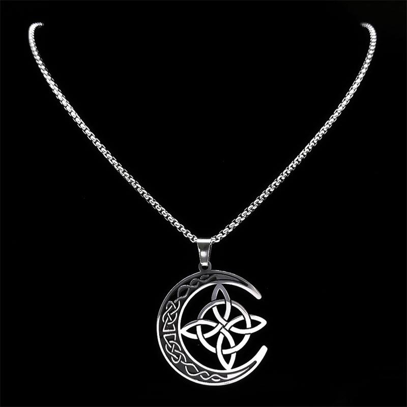 Crescent Celtic Irish Knot Necklaces Stainless Steel Witch Moon Amulet Protection Chain Necklace Zircon Collier Luna N8145S1