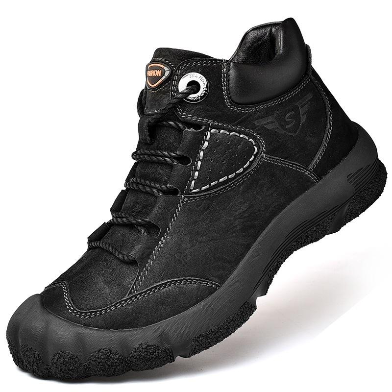 Winter New Velvet Men's Shoes Genuine Leather Tooling Leather Men's Outdoor Hiking Shoes Waterproof Casual High-top Men's Leather Shoes