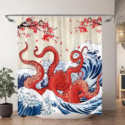 Stampa ad Acquerello di Fiori di Ciliegio Giapponesi Tenda da Doccia Onde Koi Pittura a Inchiostro Cinese Tende da Doccia in Poliestere Arredamento Bagno