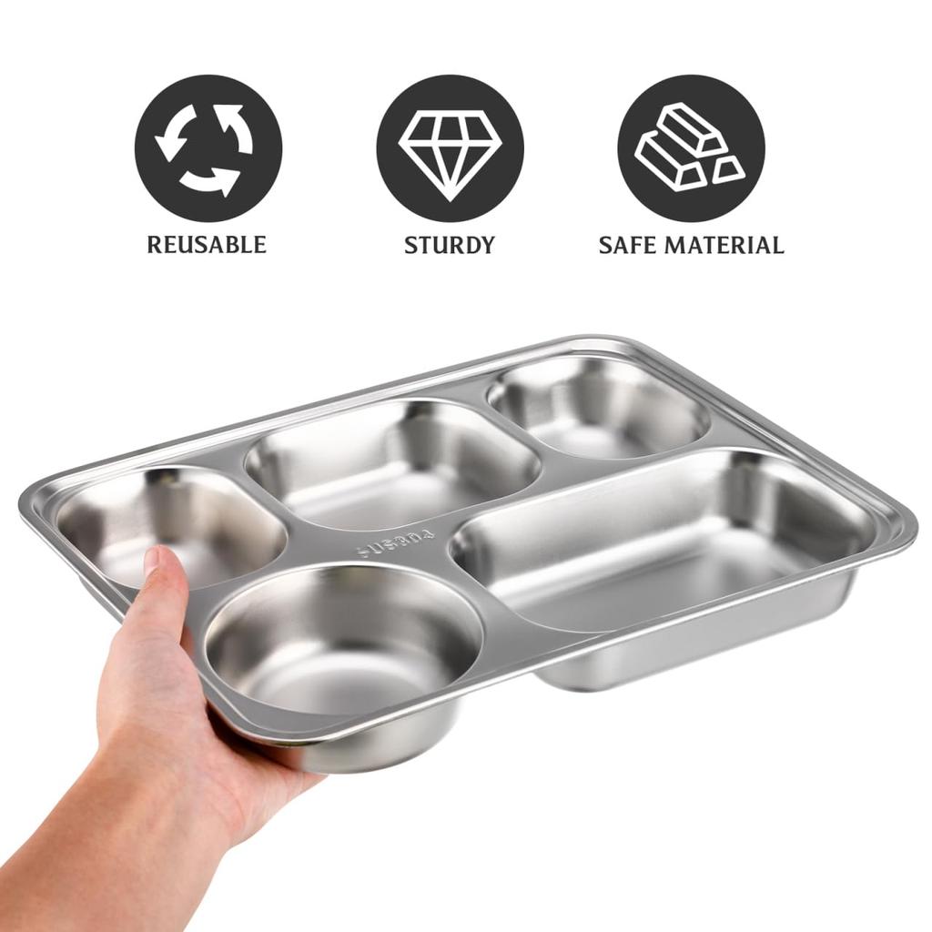 BESTOYARD Stainless Steel Lunch Plate, Divided Plate, Food Tray, Stylish Divided Plate, 5 Compartments (with Lid), Perfect for Camping and BBQ