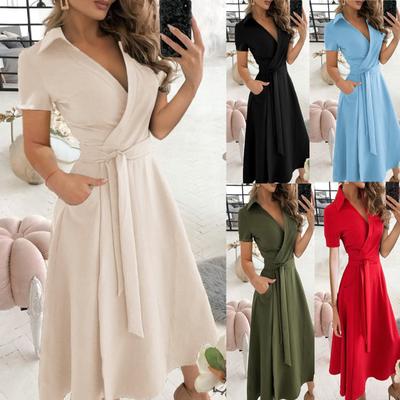 Moda Feminina Casual Lapela Cor Sólida Manga Curta Vestidos Longos