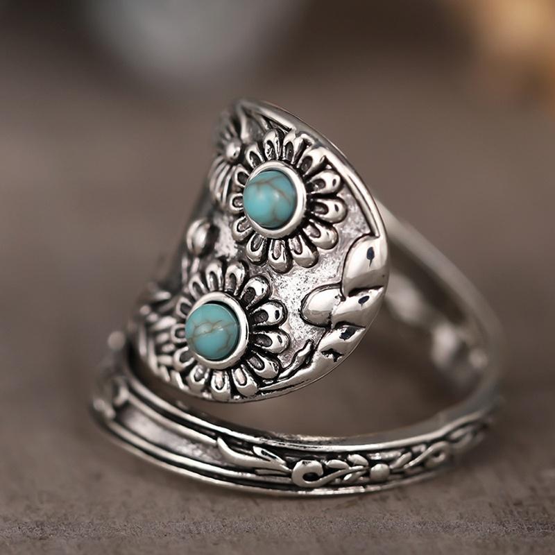 

CAOSHI Delicate Vintage Silver Color Lady Party Ring with Imitation Turquoise Unique Flower Design Adjustable Finger Accessories resizable