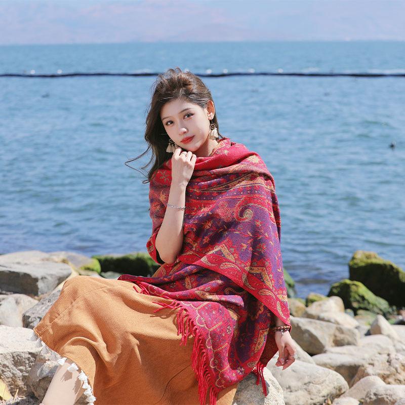 Exquisite Scarf New Bohemian Style Yunnan Dali Travel Imitation Cashmere Shawl Artistic Cashew Flower Cape 65*190cm