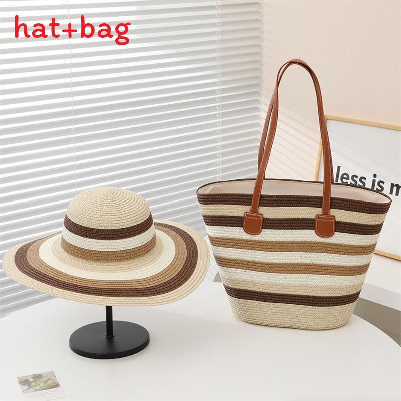 Woven Sun Hat And Large Capacity Straw Tote With Striped Pattern For Travel And Casual Wear