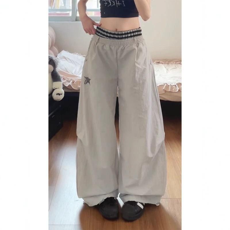 Womens Loose Wide-Leg Cargo Pants With Star Embroidery Elastic Waist Quick-Dry Lightweight