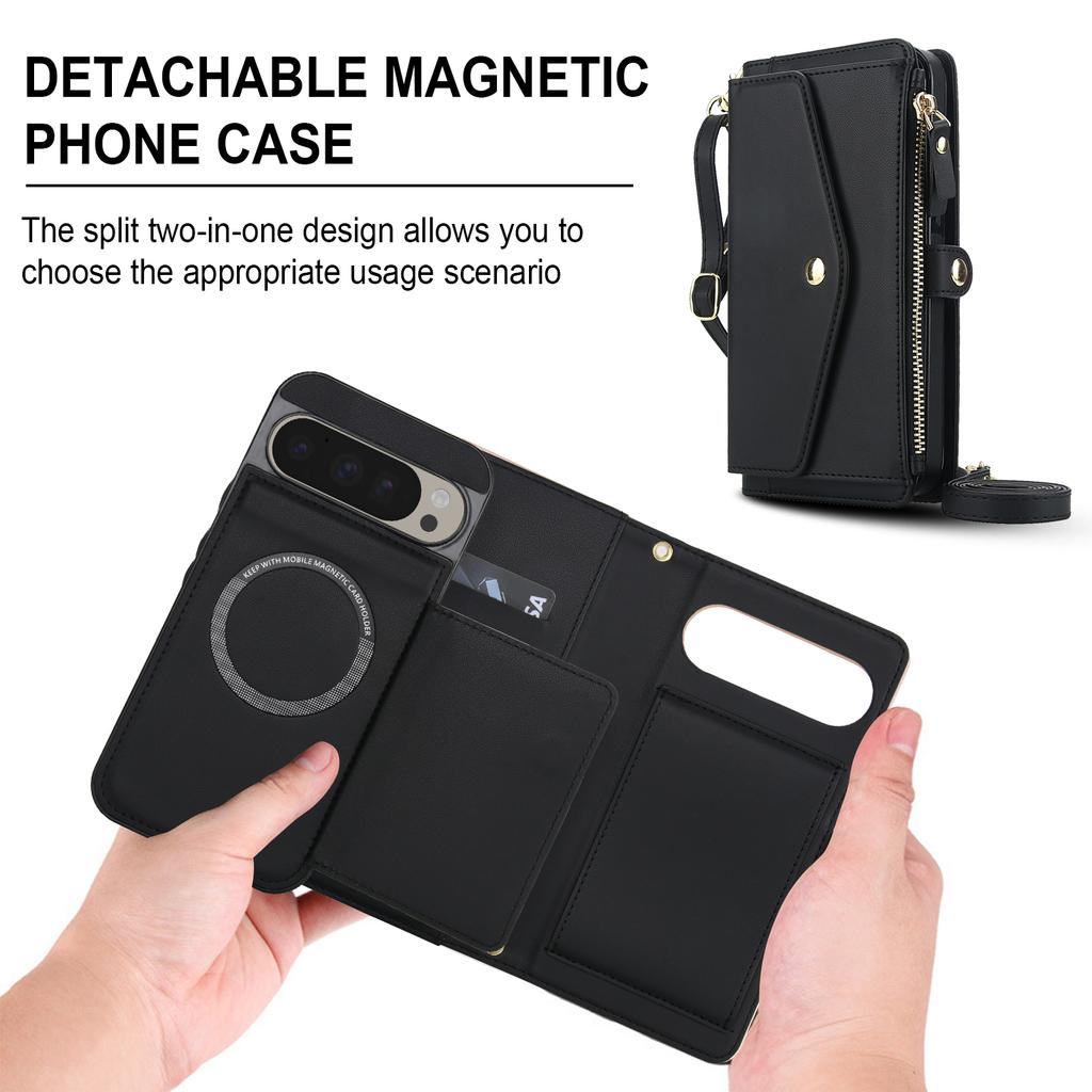 For Google Pixel 9 Pro XL Wallet Case Magnetic Detachable PU Leather Phone Cover with 2 Straps