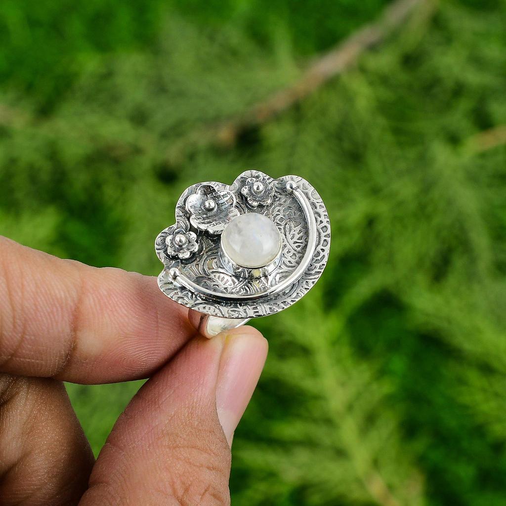 Round Rainbow Moonstone Gemstone 925 Silver Statement Flower Stackable Wife Ring