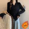 French Design Fleece-Lined Plus Size V-Neck Lace Top with Bell Sleeves