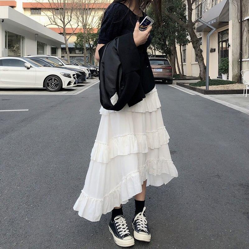 Fashion Plus Size White Fairy Women Skirt Elegant Pleated Cake Skirt Female Solid Vintage Chiffon Skirt Jupe Femme 15632